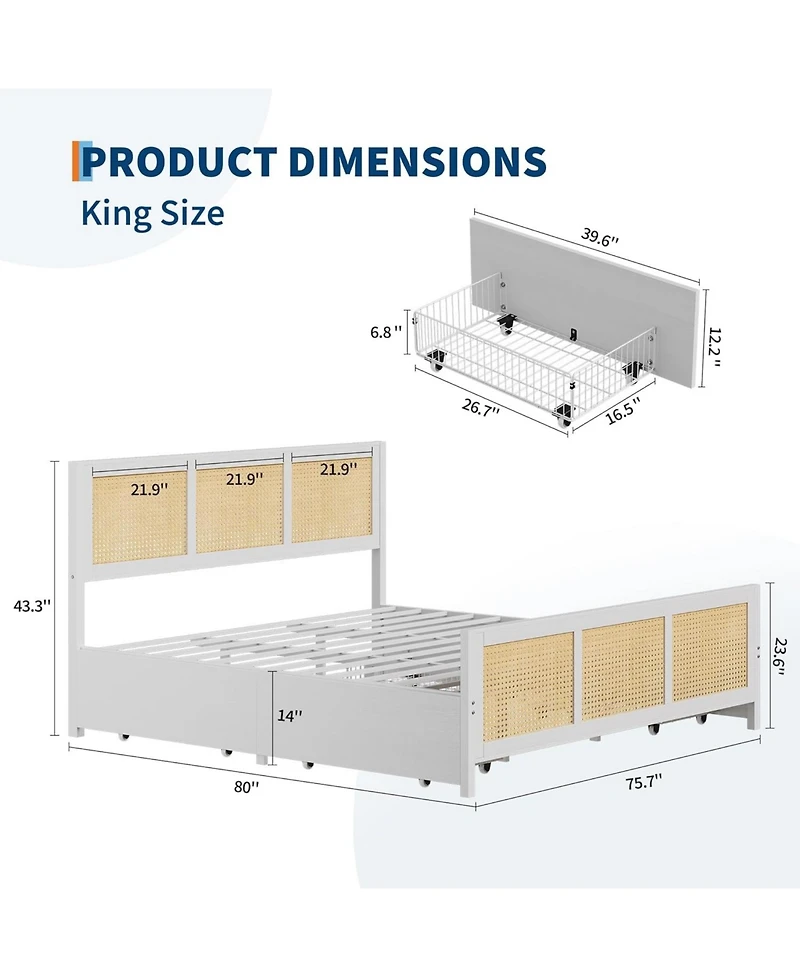 gaomon King Size Rattan Accent Storage Bed with 4 Drawers, Woven Front, Led Lights, White Mdf Frame
