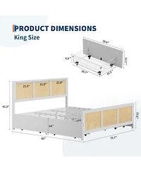 gaomon King Size Rattan Accent Storage Bed with 4 Drawers, Woven Front, Led Lights, White Mdf Frame