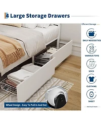 Gaomon Full Size Rattan Accent Storage Bed with 4 Drawers, Woven Front, Led Lights, White Mdf Frame