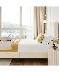 gaomon Full Velvet Upholstered Bed Frame with Adjustable Headboard Sturdy Metal Slats No Box Spring Noise Free Easy Assembly Beige