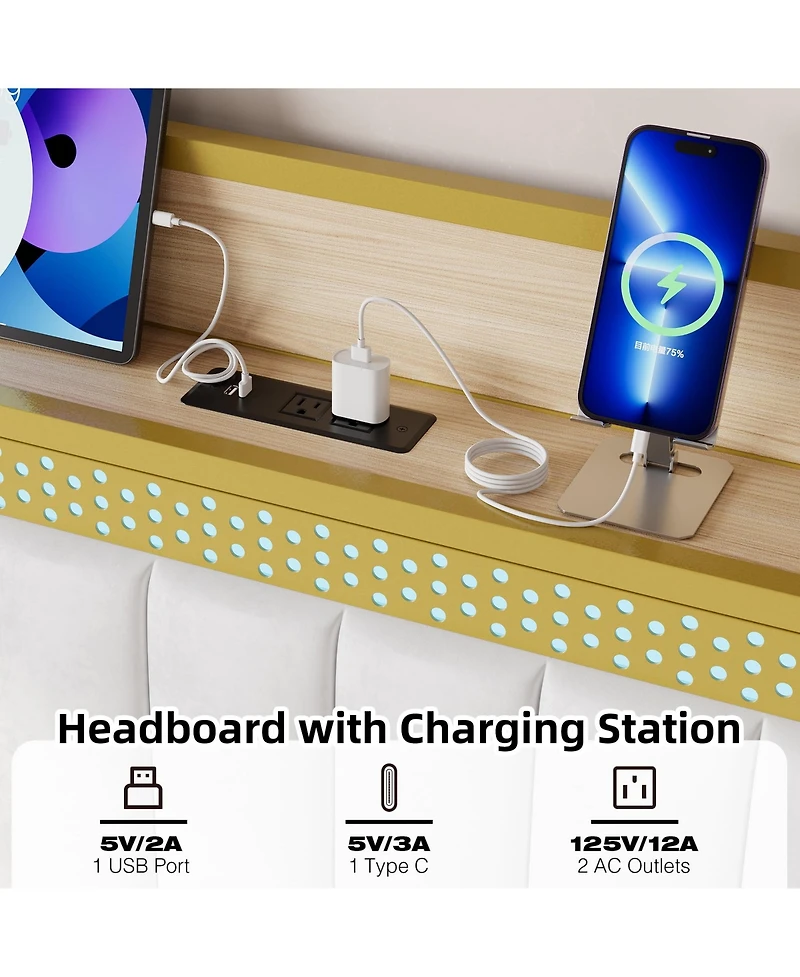 King Bed Frame with Storage Headboard Led Platform Bed Charging Station Easy Assembly White