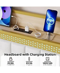 King Bed Frame with Storage Headboard Led Platform Bed Charging Station Easy Assembly White