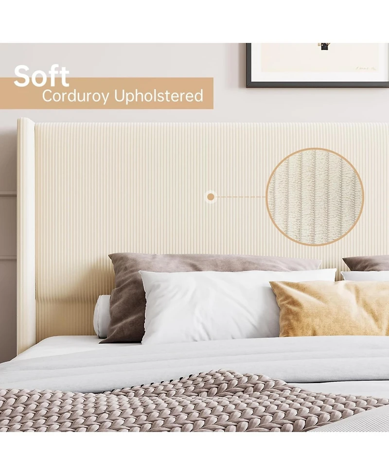 gaomon King Size Corduroy Upholstered Bed Frame Platform Tall Vertical Stripe Wingback Headboard No Box Spring Wooden Slats Beige