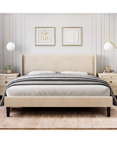 Gaomon Queen Size Upholstered Bed Frame Wingback Headboard Velvet Platform Wooden Slat Support Box Spring Optional Beige
