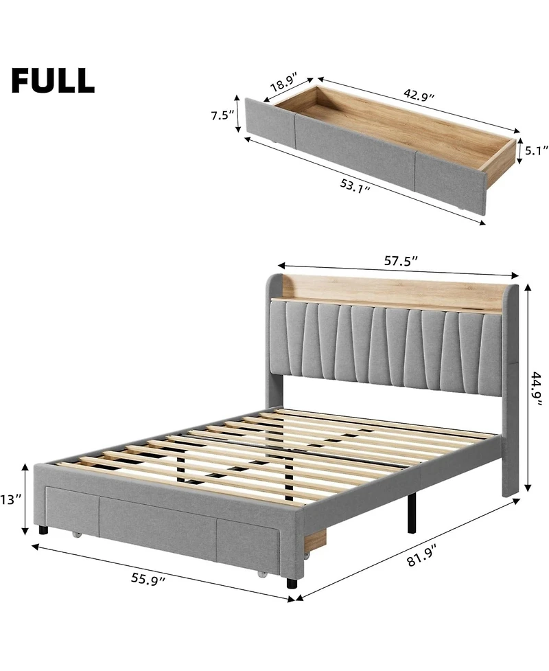 gaomon Full Size Bed Frame Storage Headboard Upholstered Platform Drawers Charging Station Noise Free No Box Spring Light Grey