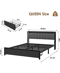 gaomon Queen Size Black Platform Bed Frame Metal+Pb Board Upholstered Two Mesh Drawers Charging Station Metal Slats No Box Spring