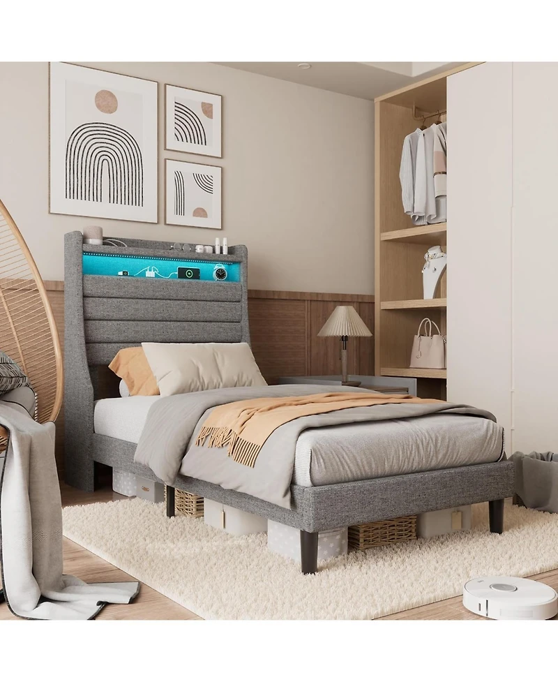 Twin Size Upholstered Platform Bed Frame with Headboard Charging Station Led Lights Wooden Slats No Box Spring Grey