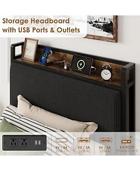 gaomon Twin Size Black Linen Upholstered Platform Bed Frame 2 Storage Drawers Charging Station Storage Headboard Heavy Duty