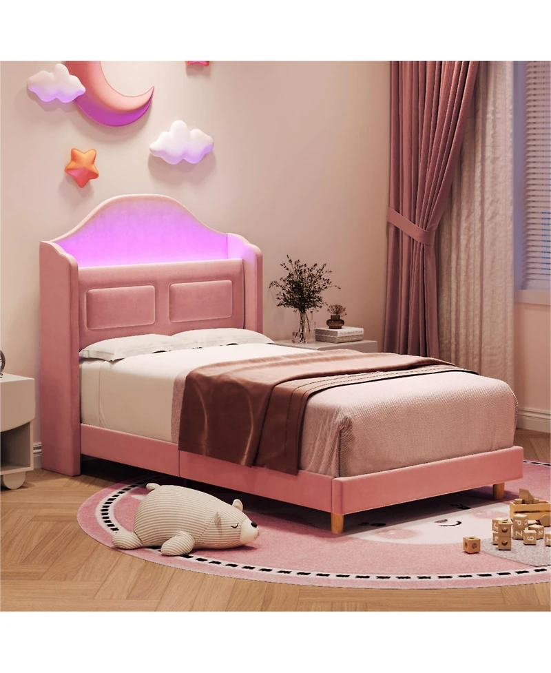 gaomon Velvet Upholstered Led Lights Wingback Headboard & Storage Platform Bed Frame