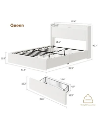 Queen Size Boucle Bed Frame with Storage Headboard, Charging Station and Led Lights