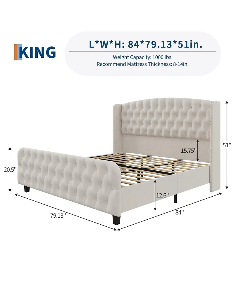 gaomon 51" Tall King Size with Deep Button Tufted Wingback Headboard and Footboard Bed Frame