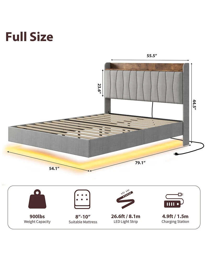 gaomon Full size Modern Upholstered Floating Bed Frame with Led Lights & Usb Charging Station