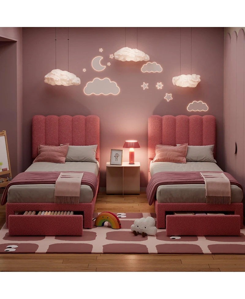 gaomon Twin Bed Frame with Under-Bed Drawer, Pink Boucle Upholstered Platform Bed with Wave Headboard for Kids/Girls, Wooden Slats Support