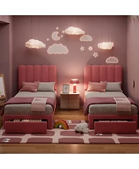 gaomon Twin Bed Frame with Under-Bed Drawer, Pink Boucle Upholstered Platform Bed with Wave Headboard for Kids/Girls, Wooden Slats Support