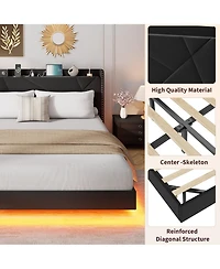 Gaomon Full Size Floating Bed Frame, Suspended Bed with Rgb Led Lights and Charging Station, Upholstered Bed Frame