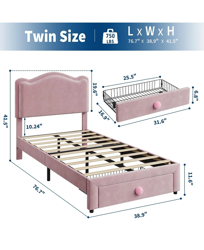 Gaomon Upholstered Twin Bed Frame with Storage Drawer & Scallop Headboard
