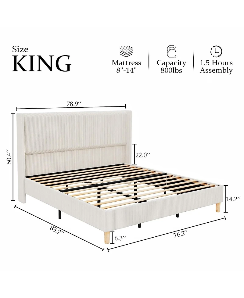 gaomon King Bed Frame, Upholstered Platform Corduroy Bed Frame with Vertical Channel Tufted Wingback Headboard