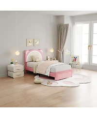 gaomon Twin Kids Bed Frame, Upholstered Platform with Adjustable Headboard, Drawer & Led