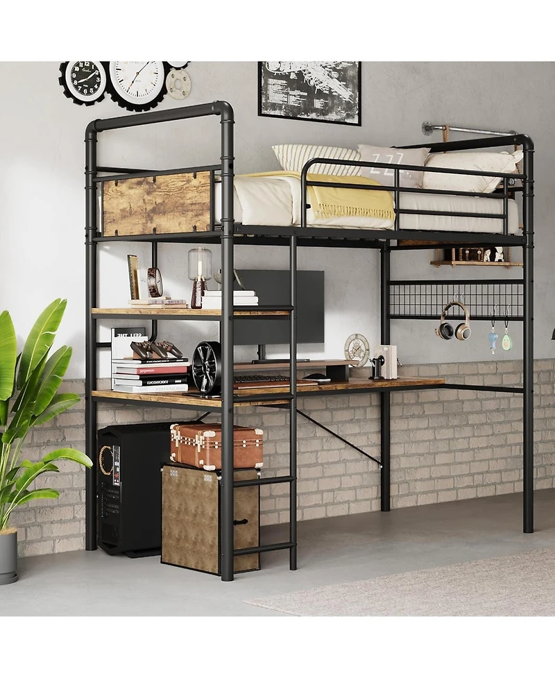 Gaomon Twin Loft Bed with L-Shaped Desk & Storage Shelf, Heavy Duty Metal Frame for Adults,Space Saving Design,Vintage Finish