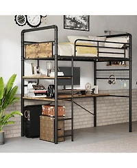 Gaomon Twin Loft Bed with L-Shaped Desk & Storage Shelf, Heavy Duty Metal Frame for Adults,Space Saving Design,Vintage Finish