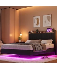 gaomon Floating Upholstered Platform Bed with Led Lights, Charging Station, Storage Headboard and Wood Slat Support