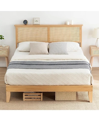 gaomon Rattan Bed with Natural Cane Headboard, Boho Platform Bed with Led Lights, Solid Wood Slats, No Box Spring Needed, Noise-Free