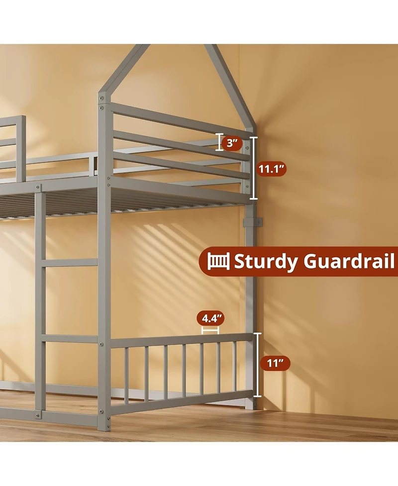 Likimio Bunk Bed Twin Over Twin, House Bunk Bed Frame with Ladder and Guardrail, House Shaped with Metal Slats for Dormitory and Bedroom