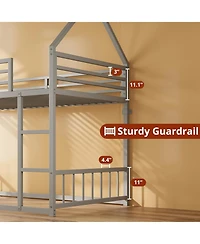 Likimio Bunk Bed Twin Over Twin, House Bunk Bed Frame with Ladder and Guardrail, House Shaped with Metal Slats for Dormitory and Bedroom