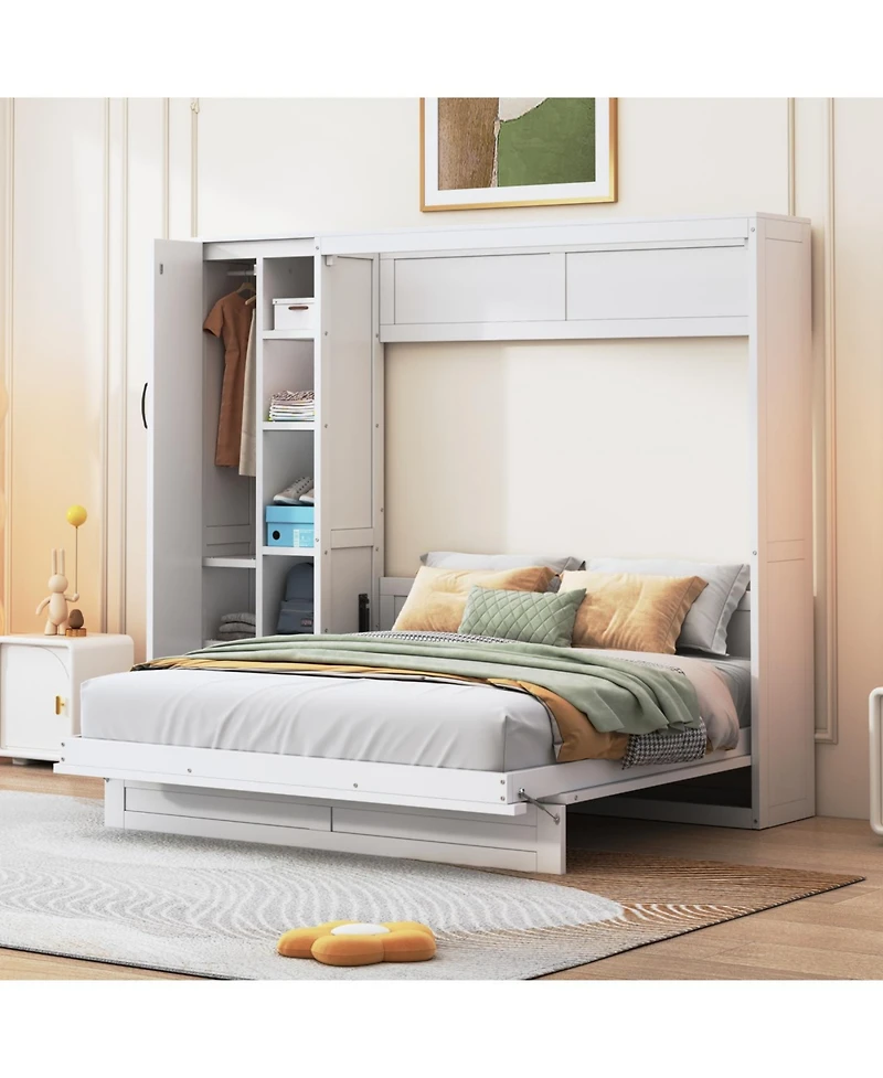 Streamdale Furniture Queen Size Murphy Bed Wall Bed with Shelves, Wardrobe and Led