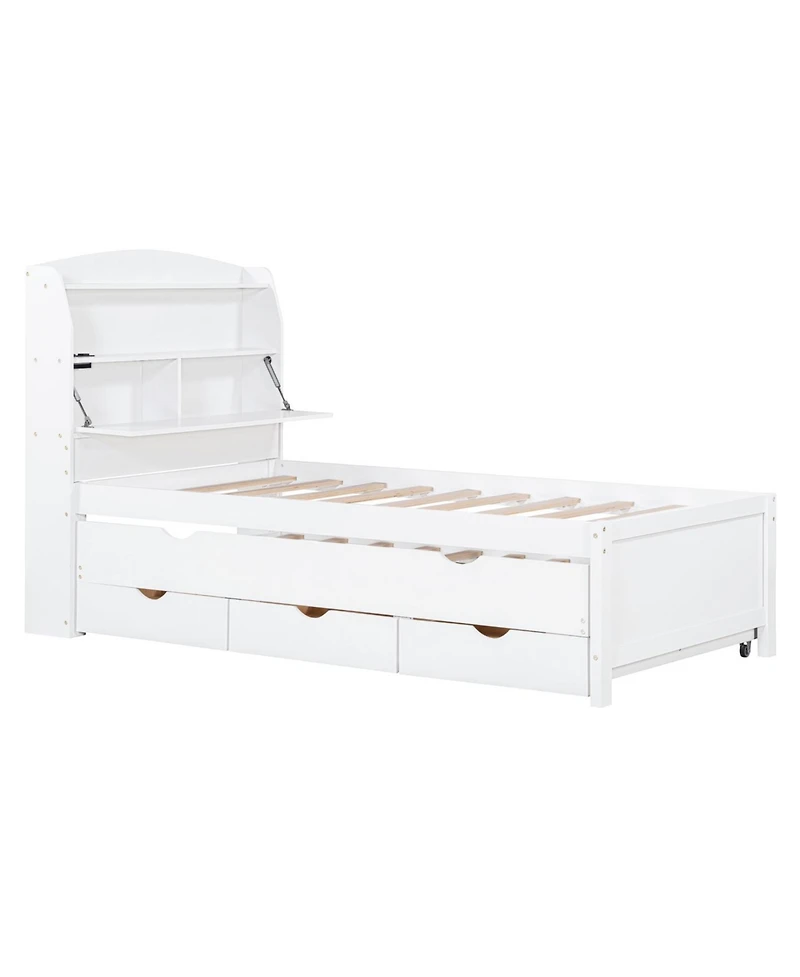 Streamdale Twin Wooden Led Platform Bed with Trundle, Storage Headboard & Drawers, White