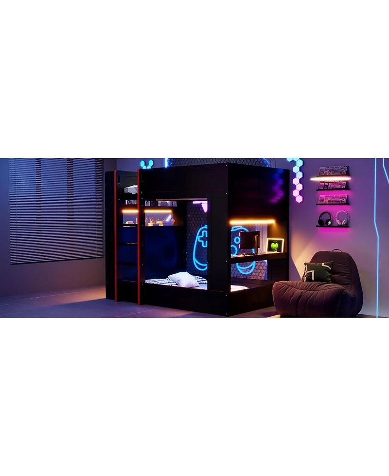 Streamdale Furniture Wood Gaming Bunk Bed with Desk, Storage, Led & Charging Station