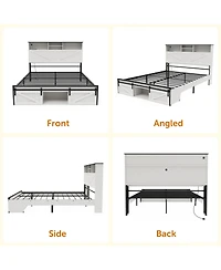 Streamdale Furniture Farmhouse Queen Storage Bed Frame with Charging Station & Led Lights, White