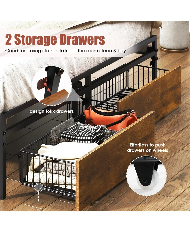 Streamdale Queen-Size Upholstered Platform Bed Frame with Storage, Usb Ports, Headboard, Brown