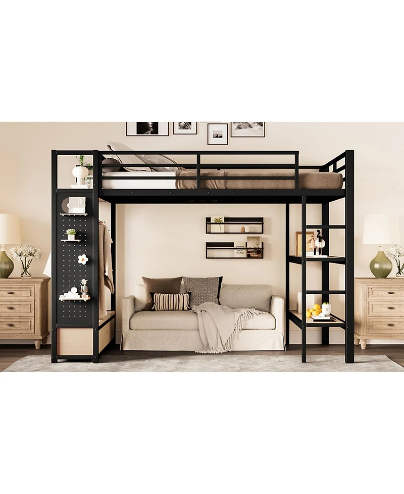 Streamdale Metal Loft Bed with Wardrobe and Shelves, Black