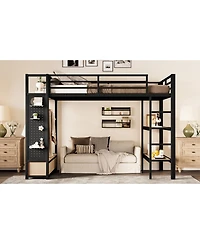 Streamdale Metal Loft Bed with Wardrobe and Shelves, Black
