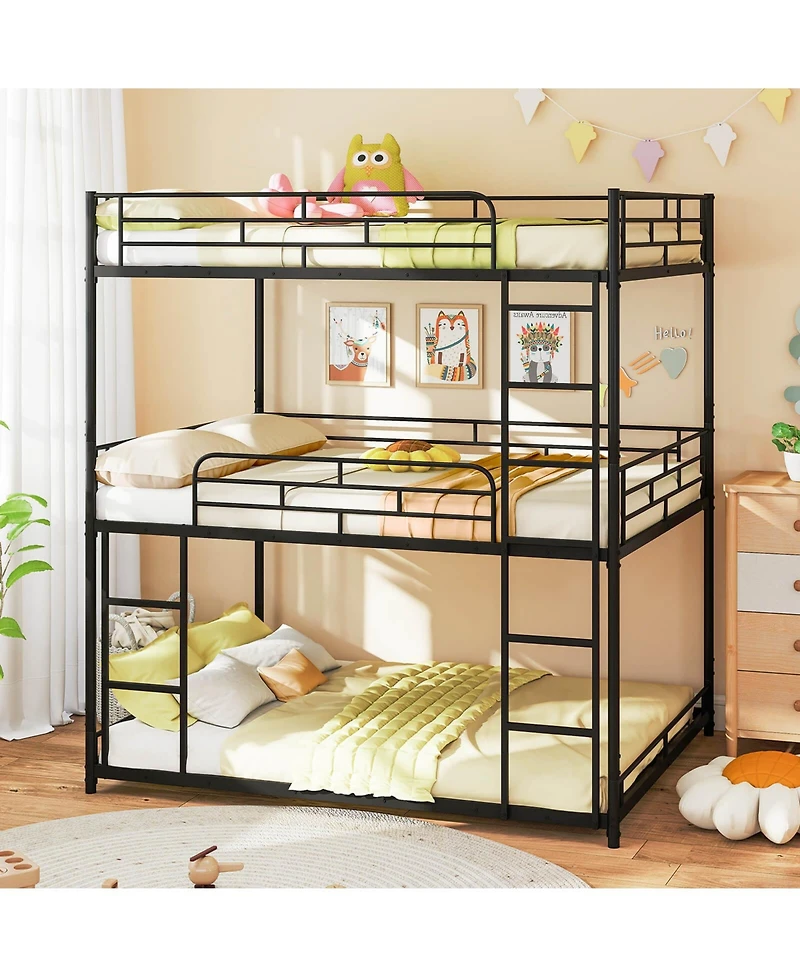 Costway Full Over Full Over Full Metal Bed Frame Heavy-Duty Triple Bunk Bed w/Dual Ladders