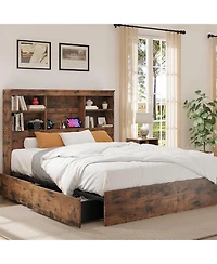 gaomon Queen Bed with Bookcase Headboard & 4 Drawers, Wood Platform Frame with Charging Station, Noise-Free, Gray