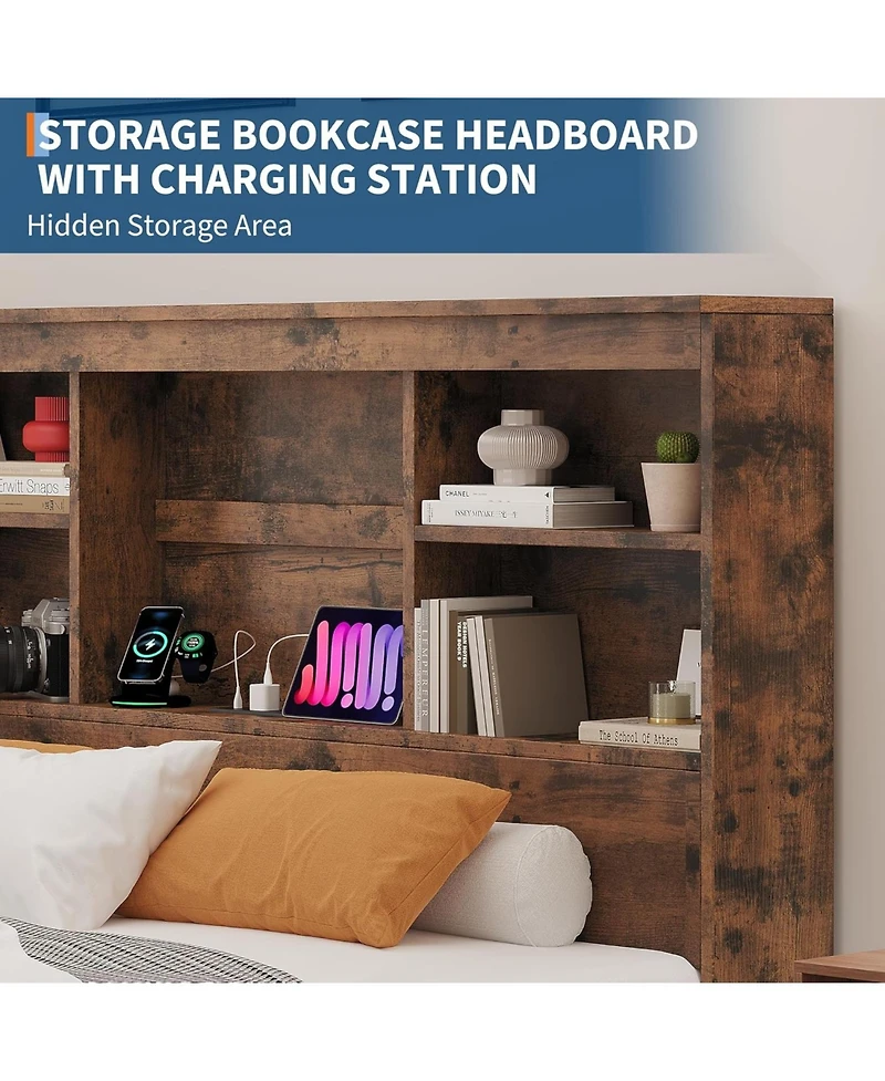 gaomon Queen Bed with Bookcase Headboard & 4 Drawers, Wood Platform Frame with Charging Station, Noise-Free, Gray