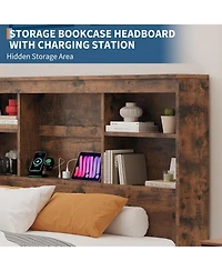 gaomon Queen Bed with Bookcase Headboard & 4 Drawers, Wood Platform Frame with Charging Station, Noise-Free, Gray