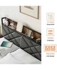 gaomon Metal Platform Bed Frame with Charging Station, Tufted Headboard, Storage Shelf & Steel Slats