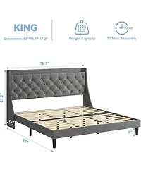 Gaomon King Upholstered Platform Bed with Button Tufted Wingback Storage Headboard, Wood Slats, Charging Station, Noise-Free