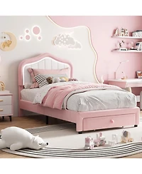 gaomon Upholstered Bed Frame with Storage Drawer and Smart Led Headboard, Twin Size Platform Bed Frame for Kids
