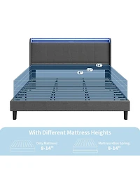 gaomon Bed Frame with Charging Station & Led Lights, Modern Platform Bed with Wooden Slats, Upholstered Headboard, No Box Spring, Easy Assembly