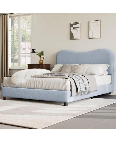 gaomon Queen Size Blue Boucle Bed Frame with Upholstered Headboard, Low Profile, Heavy Duty Wooden Slats, No Box Spring Needed