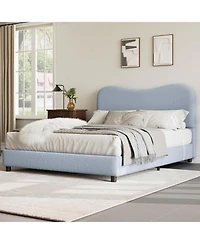gaomon Queen Size Blue Boucle Bed Frame with Upholstered Headboard, Low Profile, Heavy Duty Wooden Slats, No Box Spring Needed