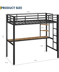 Gaomon Twin Size Loft Bed with Large Desk, Storage Shelves, Stairs & Safety Guardrail, Space Saving, Black & Brown