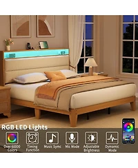 gaomon King Size Boucle Upholstered Bed Frame with Led Headboard Charging Station 2-Tier Storage Cream No Box Spring