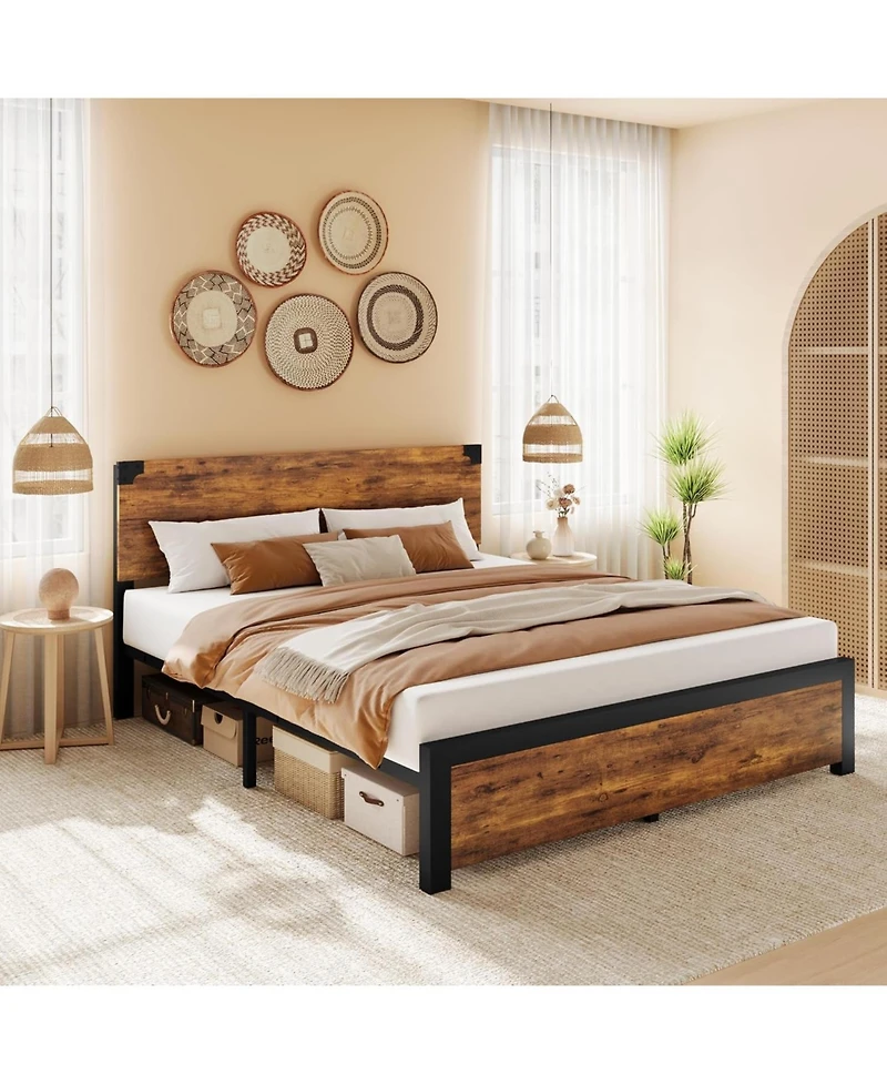 gaomon Queen Size Bed Frame with Wooden Headboard Platform Design Underbed Storage Metal Legs Rustic Brown