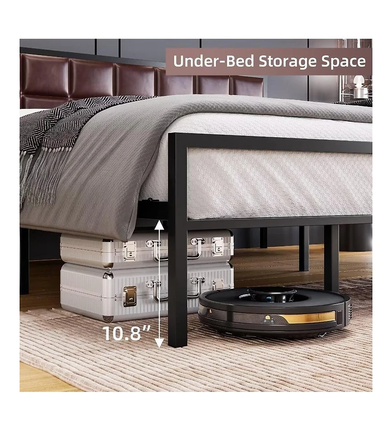 gaomon Queen Size Metal Platform Bed Frame with Faux Leather Headboard Steel Slats Ample Underbed Storage Red Brown