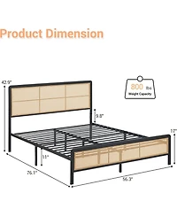 gaomon Full Size Rattan Bed Frame Rgb Led Lights Black Boho Metal Platform Headboard Footboard No Box Spring Noise-Free